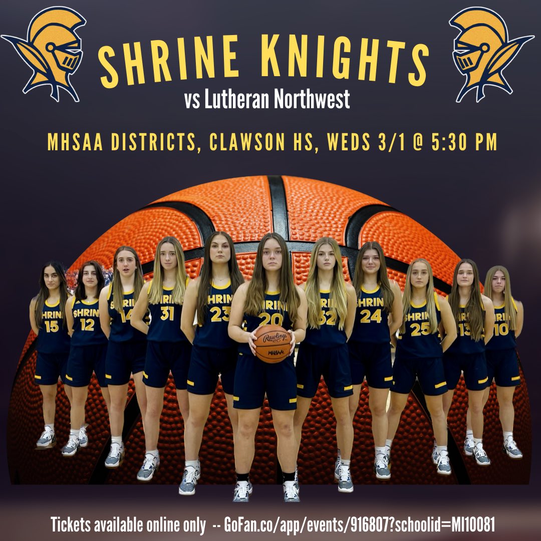 Tomorrow night! The Knights face Lutheran Northwest in the <a href="/MHSAA/">MHSAA</a> district semifinal at 5:30pm at Clawson HS. Buy tickets at gofan.co/app/events/916…
Be there!! 🏀 GO KNIGHTS! 🏀<a href="/ShrineSports/">Shrine Sports</a> <a href="/Shrine_Schools/">Shrine Schools</a> @spiritbone_23 <a href="/ShrineDads/">Shrine Dads Club</a>