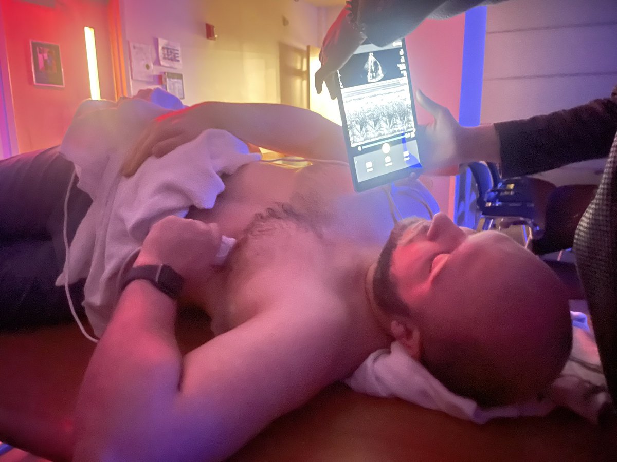 Next level: <a href="/luke_hedrick/">Luke Padgett Hedrick, MD</a> checking his own TAPSE. (It was 2.1). Many thanks to <a href="/mcnamara_lc/">Laura McNamara</a> for teaching us #POCUS for hypotensive patients! <a href="/BIDMC_IM/">BIDMC IM Residency</a> <a href="/nsrosenberg/">Noah Rosenberg, MD</a>