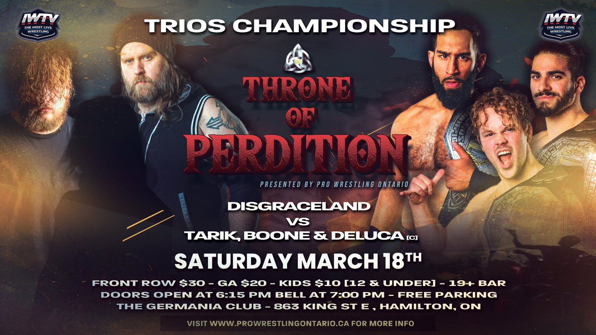 ProWrestlingOnt's tweet photo. 🚨#TRIOSCHAMPIONSHIP🚨

Tarik , Boone &amp; Deluca have been fighting champions &amp; will face off against Greed , Grizz &amp; Any other member of #Disgraceland of Greed's choosing.

Who will step up to the task on March 18th?

Tickets available via Eventbrite
https://t.co/s7LMNNm9Az https://t.co/sXW7EOPnuK