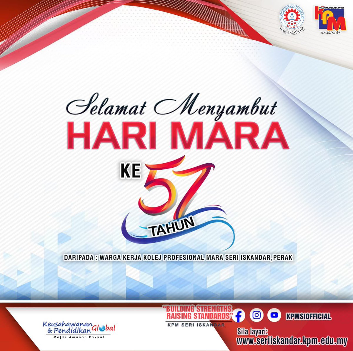 KpmsiOfficial's tweet photo. Selamat Menyambut Hari MARA yang ke 57 dari kami warga KPMSI.
#TertiariMara #KoleiProfesionalMara #KPMSI
#majlisamanahrakyat https://t.co/7We29XoMvg