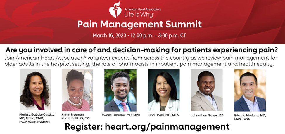Ed Mariano, MD, MAS, FASA, FASRA 🇺🇸🇵🇭 (@emarianomd) on Twitter photo Please join us on Mar 16 for the <a href="/American_Heart/">American Heart Association</a> Pain Management Summit as we review #painmanagement for older adults in the hospital setting, the role of #pharmacists in inpatient pain management and #healthequity.
To register: heart.org/painmanagement Please join us on Mar 16 for the <a href="/American_Heart/">American Heart Association</a> Pain Management Summit as we review #painmanagement for older adults in the hospital setting, the role of #pharmacists in inpatient pain management and #healthequity.
To register: heart.org/painmanagement