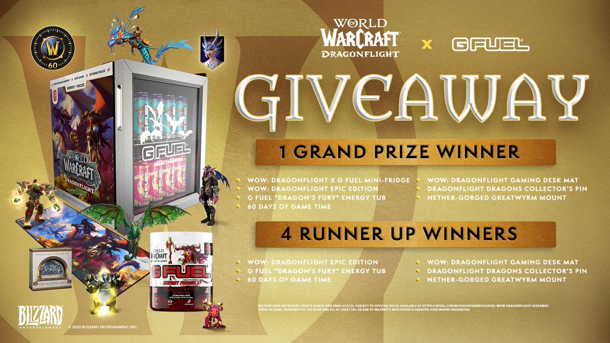 G FUEL® (@gfuelenergy) on Twitter photo 🚨 𝗚𝗜𝗩𝗘𝗔𝗪𝗔𝗬 𝗔𝗟𝗘𝗥𝗧: EVERYONE!!! We've teamed up with our friends from <a href="/Warcraft/">World of Warcraft</a> to bring you this EPIC #Dragonflight x #GFUEL GIVEAWAY!!!
👇 𝗛𝗢𝗪 𝟮 𝗘𝗡𝗧𝗘𝗥 👇
✅ LIKE + RT + TAG A FRIEND!
✅ FOLLOW <a href="/Warcraft/">World of Warcraft</a> + <a href="/GFuelEnergy/">G FUEL®</a>!
✅ 5 WINNERS PICKED NEXT WEEK! 🚨 𝗚𝗜𝗩𝗘𝗔𝗪𝗔𝗬 𝗔𝗟𝗘𝗥𝗧: EVERYONE!!! We've teamed up with our friends from <a href="/Warcraft/">World of Warcraft</a> to bring you this EPIC #Dragonflight x #GFUEL GIVEAWAY!!!
👇 𝗛𝗢𝗪 𝟮 𝗘𝗡𝗧𝗘𝗥 👇
✅ LIKE + RT + TAG A FRIEND!
✅ FOLLOW <a href="/Warcraft/">World of Warcraft</a> + <a href="/GFuelEnergy/">G FUEL®</a>!
✅ 5 WINNERS PICKED NEXT WEEK!