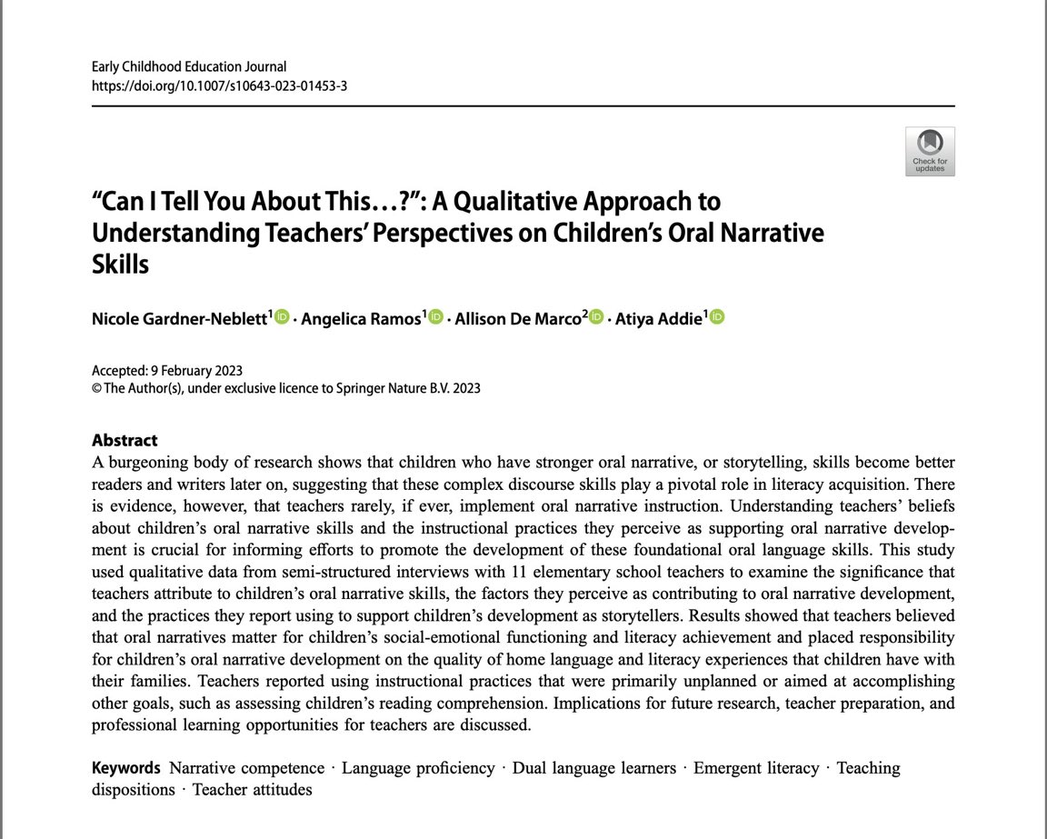 Nicole Gardner-Neblett (@ngardnerneblett) on Twitter photo Is oral storytelling a āback burnerā skill for young children? Some teachers say, āYes!ā Check out our new pub on teacher perceptions of childrenās storytelling, written in collaboration with <a href="/allisoncdemarco/">Allison C. De Marco</a> <a href="/AddieAtiya/">Atiya Addie</a> & Angelica Ramos trebuchet.public.springernature.app/get_content/0a⦠Is oral storytelling a āback burnerā skill for young children? Some teachers say, āYes!ā Check out our new pub on teacher perceptions of childrenās storytelling, written in collaboration with <a href="/allisoncdemarco/">Allison C. De Marco</a> <a href="/AddieAtiya/">Atiya Addie</a> & Angelica Ramos trebuchet.public.springernature.app/get_content/0aā¦