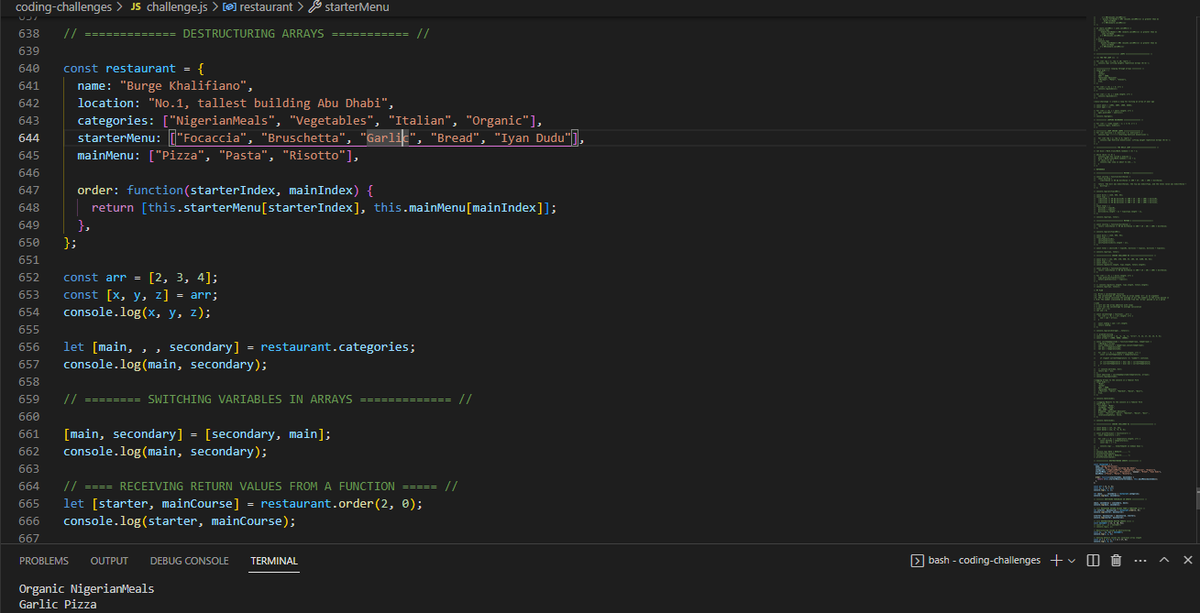 RobertLeeSaund's tweet photo. Day 37 of #100daysofcode w/@LearnWeb3DAO
Continued my sojourn into JavaScript with:
1. Array Destructuring
2. Switching variables in Arrays
3. Receiving return value from a function
4. Destructuring nested arrays
5. Destructuring inside of destructuring
#100DaysofCodeLW3 #code https://t.co/8c1YgGc9xT