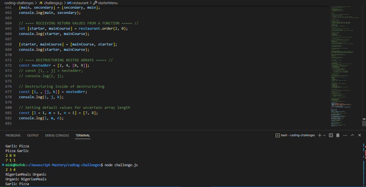 RobertLeeSaund's tweet photo. Day 37 of #100daysofcode w/@LearnWeb3DAO
Continued my sojourn into JavaScript with:
1. Array Destructuring
2. Switching variables in Arrays
3. Receiving return value from a function
4. Destructuring nested arrays
5. Destructuring inside of destructuring
#100DaysofCodeLW3 #code https://t.co/8c1YgGc9xT