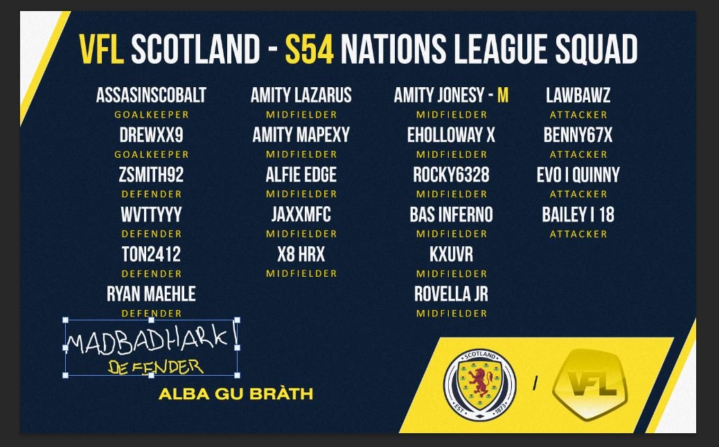 VFL Scotland Team Announcment for the upcoming Nations League

GFX <a href="/KNZIM8/">🏴󠁧󠁢󠁳󠁣󠁴󠁿</a> 

<a href="/TheVFL_/">VFL</a>  <a href="/lawbawz/">Lawbawz</a>