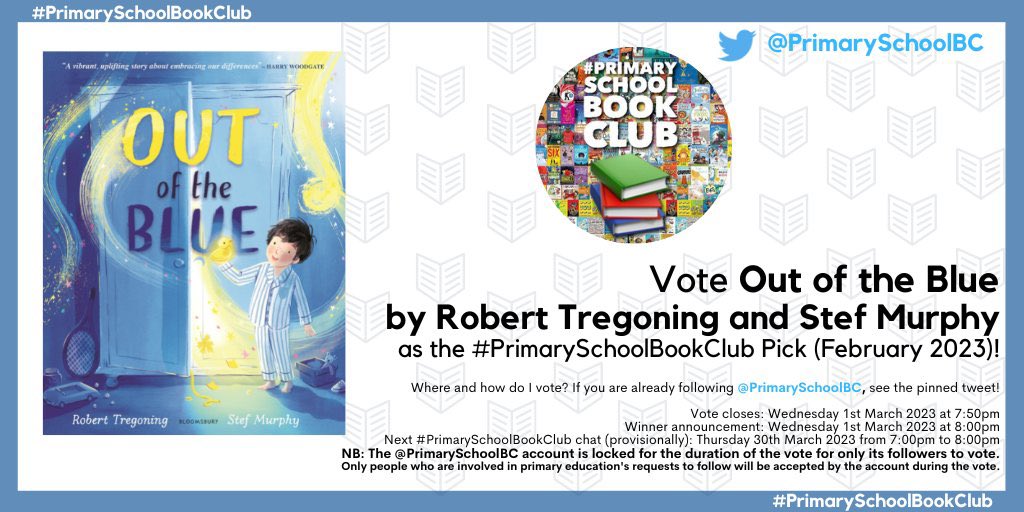 Hello! Please vote for
OUT OF THE BLUE 💙💛💙

We're thrilled that #OutOfTheBlue has been included in the #PrimarySchoolBookClub February vote this evening. Head to @PrimarySchoolBC and vote for it using the pinned tweet! 

@StefMurphyArt @KidsBloomsbury @BLM_Agency @Plum_Agency