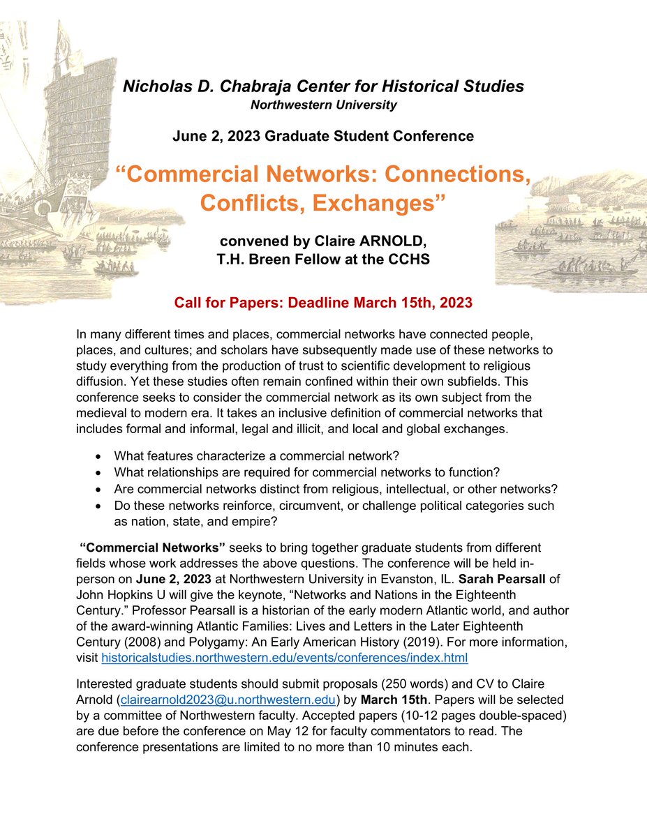 Claire C Arnold (@taketothecee) on Twitter photo I'm excited to be organizing a graduate conference with <a href="/HistStudiesNU/">NU Chabraja Center</a> this spring and the submission deadline is in ~two weeks~!! Come talk about commercial networks with me and other talented and thoughtful grad students! I'm excited to be organizing a graduate conference with <a href="/HistStudiesNU/">NU Chabraja Center</a> this spring and the submission deadline is in ~two weeks~!! Come talk about commercial networks with me and other talented and thoughtful grad students!