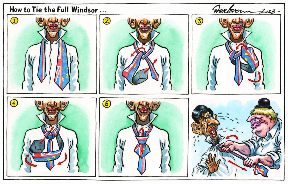 Cartoon4sale's tweet photo. Dave Brown on #RishiSunak #WindsorFramework #EU #NIProtocol #IrishBorder #Brexit #BorisJohnson #DUP @DaveBrownToons - political cartoon gallery in London https://t.co/dePcTdnXF6 https://t.co/FVXiu6dJId