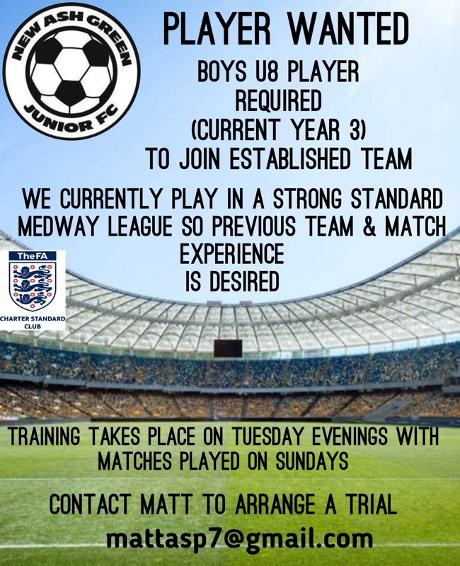 newashgreen_jfc's tweet photo. Our U8βs are looking for a new player! All details attached
#nagjfc #newashgreen #grassroots #kidsfootball #newplayer #sundayfootball #kent #grassrootsfootball #sundayfootball #mdyl #kentfa https://t.co/fNxIGIvdms