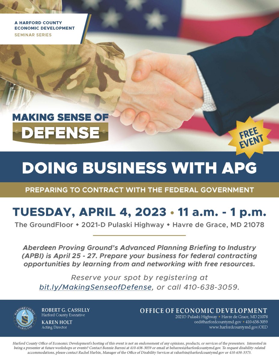 visitharfordmd's tweet photo. Doing Business with APG - Tuesday, April 4, 2023 from 11 am - 1 pm at the GroundFloor at Harford in Havre de Grace. The event will serve as a “know before you go” workshop for the Advanced Planned Briefing to Industry (APBI). Businesses can register here:
https://t.co/nDK9UztrHx https://t.co/GfiaF6uiM7