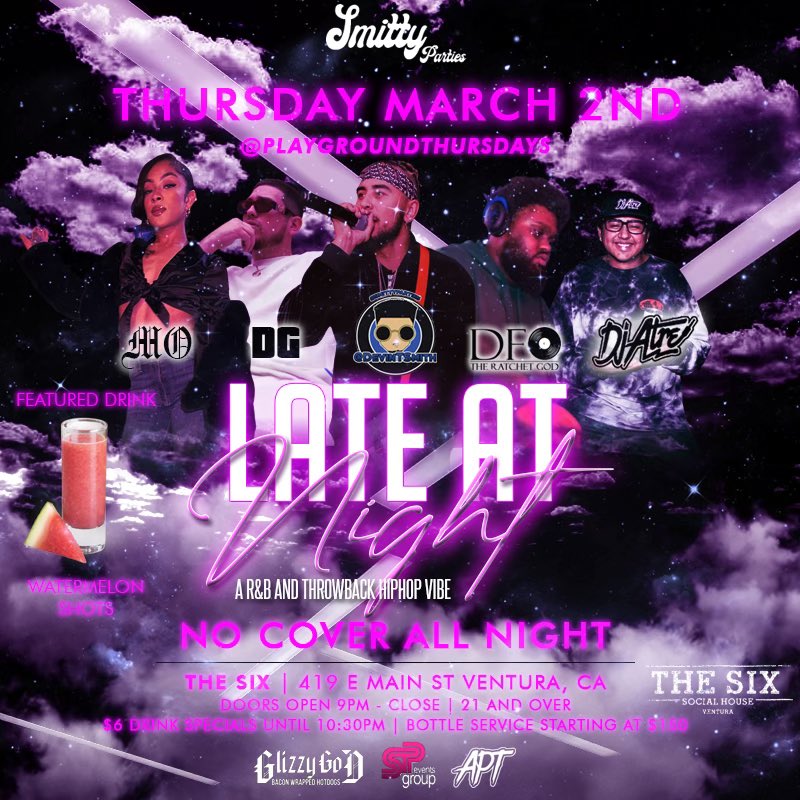 Thursday 3/2
📍 Downtown Ventura
9PM NO COVER 💯 
<a href="/PremeShitOnly/">🍼</a> <a href="/devintsmith4/">Devin Smith 🎙🗣</a>