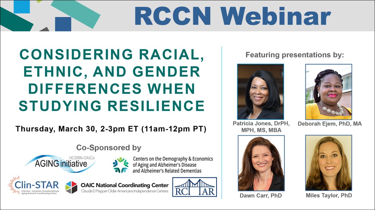 Coming up next month! RCCN Webinar on Considering Racial, Ethnic, and Gender Differences When Studying Resilience. March 30 at 2pm ET. Co-sponsored by <a href="/AgingInitiative/">The AGING Initiative</a>, <a href="/nia_demography/">Demography and Economics of Aging and Alzheimer’s</a>, <a href="/ClinSTARCC/">Clin-STAR Coordinating Center</a>, <a href="/PepperOAIC/">The Pepper OAIC Coordinating Center</a>, &amp; <a href="/RCMARCC/">RCMAR VI National Coordinating Center</a>. For more info &amp; to register: bit.ly/3J0vym0