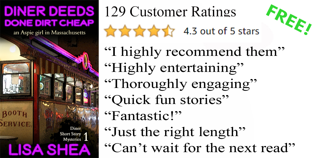 FREE! 
An intrepid heroine with #Aspergers 
A classic #Worcester #Massachusetts diner
A cozy mystery 
amazon.com/Diner-Deeds-Do… 
Follow Lisa at <a href="/LisaSheaAuthor/">LisaSheaAuthor</a>