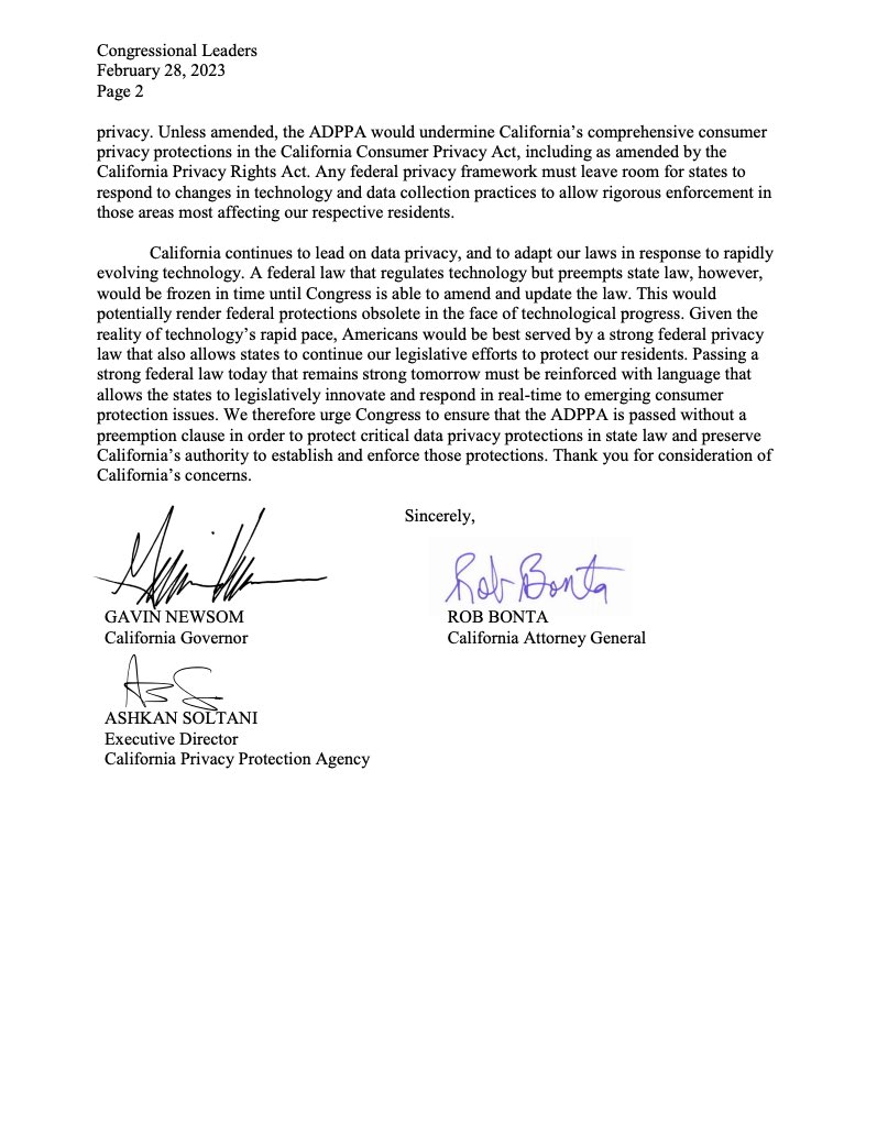 1/ 🚨 Today the CPPA joined <a href="/CAgovernor/">Governor Gavin Newsom</a> and <a href="/AGRobBonta/">Rob Bonta</a> on a joint letter to Congress opposing preemption language in H.R. 8152, the American Data Privacy and Protection Act (#ADPPA). 🚨