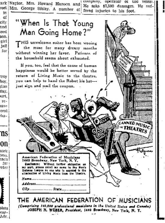 tedgioia's tweet image. Advertisement expressing fear that robots are taking over music (1931).