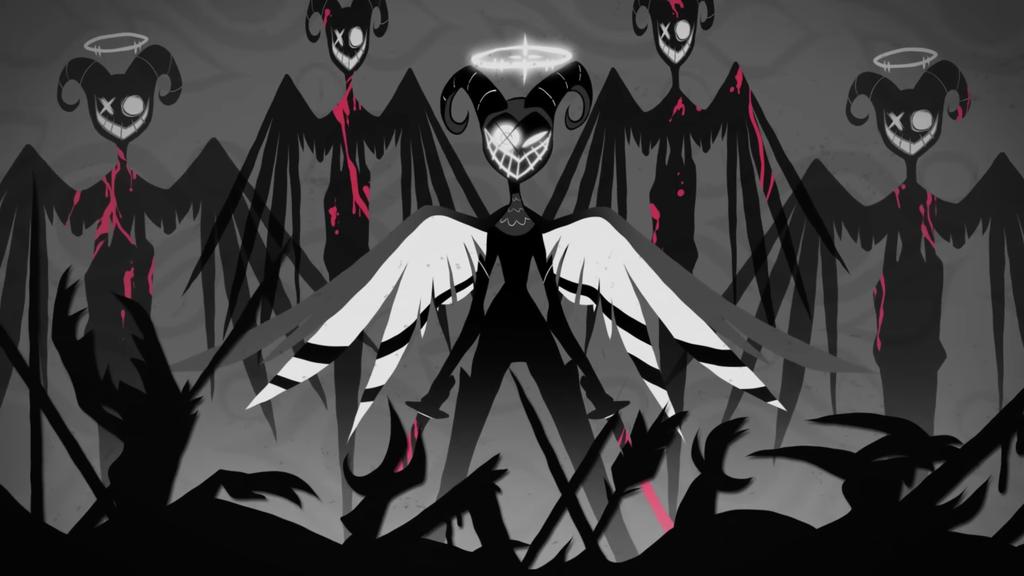 Seir_walker's tweet photo. @HazbinHotel @VivziePop I'm amused so many people are like 'why do the angels look like this and not more angelic?' when this was how they always looked - from the first few seconds of the pilot! lol. They're definitely meant to be terrifying and I'm here for it. https://t.co/x2k1HA6AAT