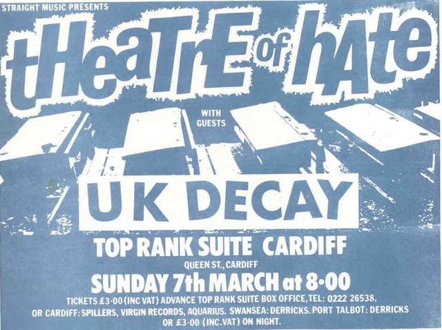 deathrockdotcom's tweet photo. Today in 1981: Theatre Of Hate 
 with UK Decay @ Top Rank Suite, Cardiff, Wales UK
#postpunk #gothicpunk #vintagepunkflyers #ukpunk #theatreofhate #ukdecay https://t.co/j90Wxtz2P8
