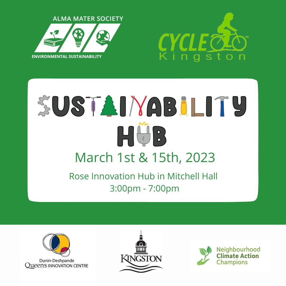 We’re going to be in the hub of things at the Sustainability Hub! Queen’s campus, tomorrow March 1st and 15th … 3- 7 p.m. Bike and other repairs to keep things functional is the focus, along with sustainable tips. All welcome! <a href="/GearUp_Kingston/">Gear Up!</a> @AMS_CES <a href="/cityofkingston/">City of Kingston - Municipal Government</a>