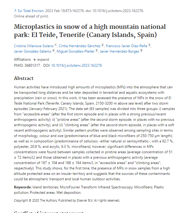 New study reminds us of the scale of the microplastic problem. Microplastics have been found high in pristine mountain snow on the Canary Islands, in places where people do not regularly or have not set foot. Microplastics circulate virtually everywhere, independently of humans.