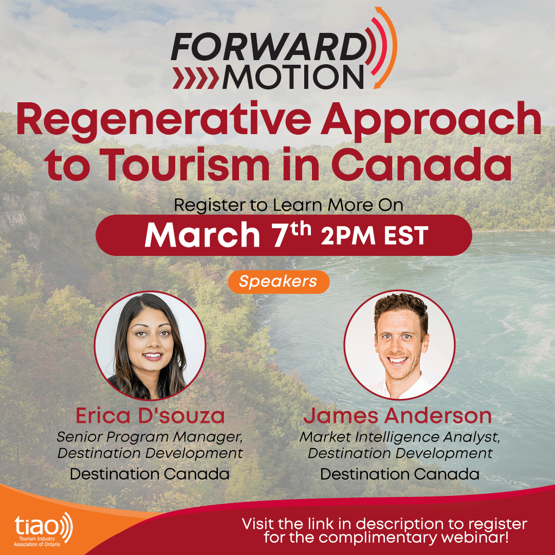 TIAOntario's tweet photo. Discover the future of tourism and its impact on wealth &amp; wellbeing for Canada! Join Erica D'Souza &amp; James Anderson from @DestinationCAN to explore regenerative approaches and new perspectives on the tourism sector's role. 

Register today! 
https://t.co/ozvNiVbiiN https://t.co/P5jIDk9QS4