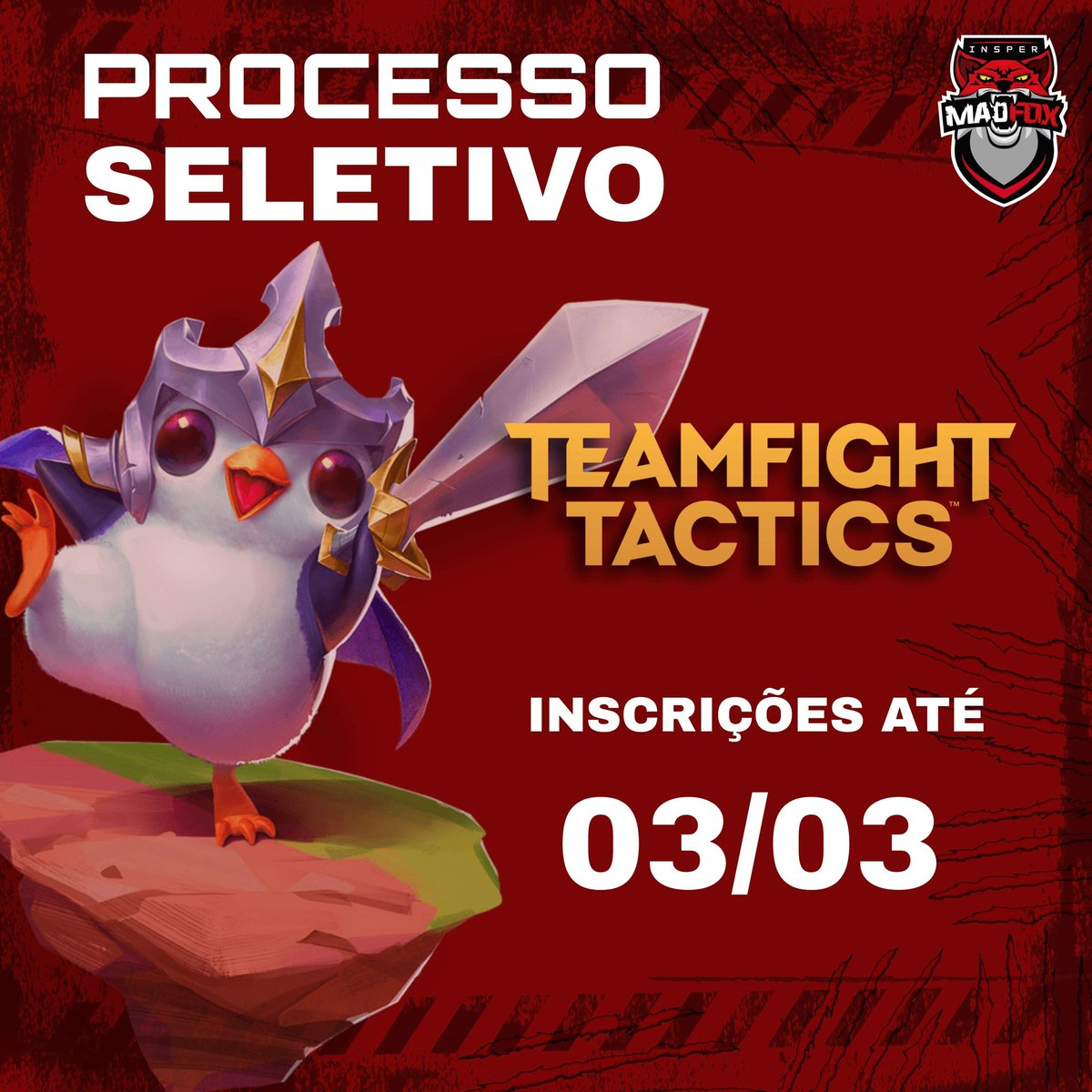 inspermadfox's tweet photo. Saaalve raposada!

Inscrições para a seletiva de Teamfight Tactics aberta até dia 03/03!

Se você tem interesse em participar, basta preencher o formulário no próximo tweet ou no link da bio. https://t.co/ua748hmheV