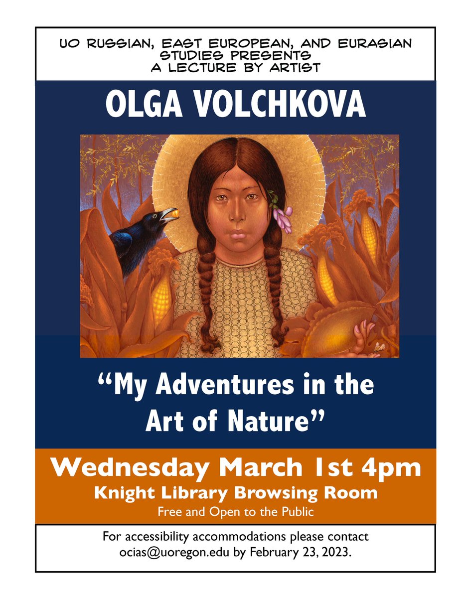 Artist Olga Volchkova will be speaking on "My Adventures in the Art of Nature" this Wednesday, March 1, 2023 at 4:00 p.m. in the Knight Library Browsing Room. 
This event is free and open to the public.
