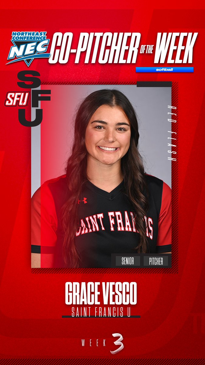 #NECsoftball Co-Pitcher of the Week 🏅

👉 Grace Vesco, <a href="/SFUathletics/">Saint Francis Red Flash</a> 
 
🗒️ Allowing just three earned runs over three appearances, Vesco went 2-1 for SFU at the Pirate Classic. Earning wins against Bucknell &amp; Radford, the veteran hurler combined for 17 Ks &amp; posted a 1.24 ERA.