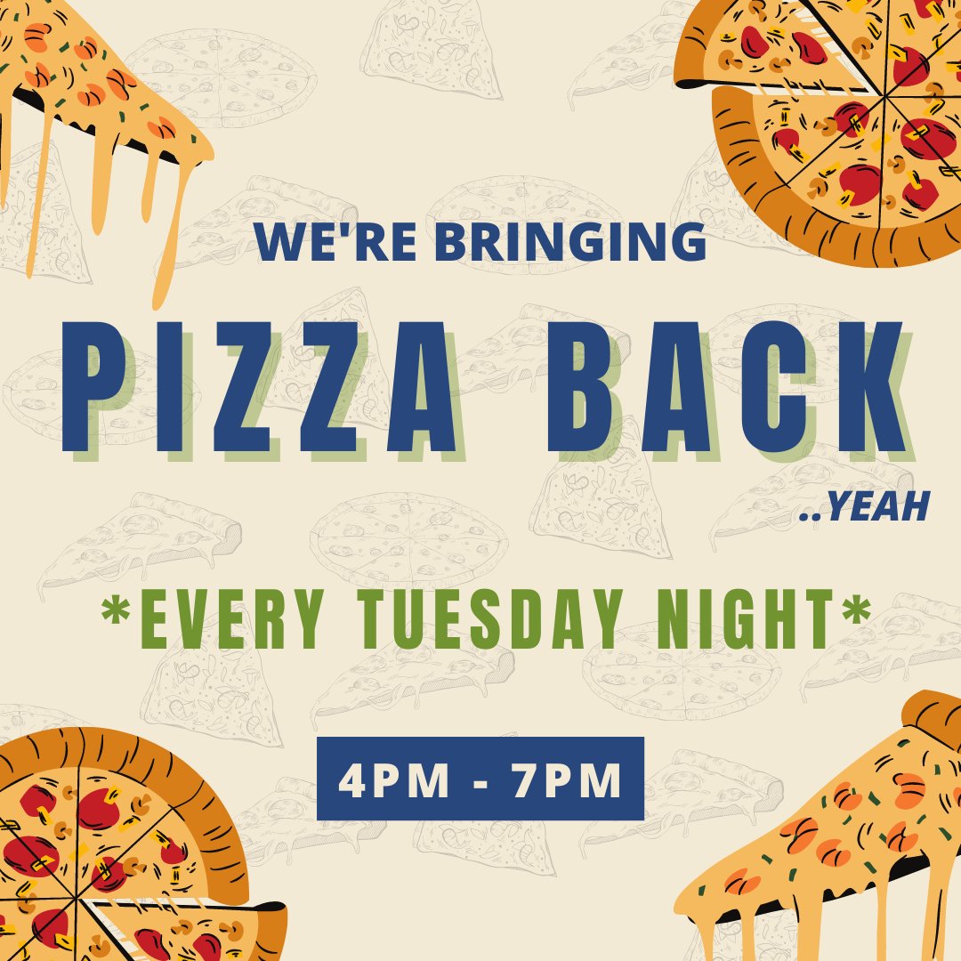 Pizza Night is back! We offer a special deal on our delicious 2-topping pizzas, every Tuesday Night. We will be open from 4pm - 7pm. We look forward to seeing you 🍕