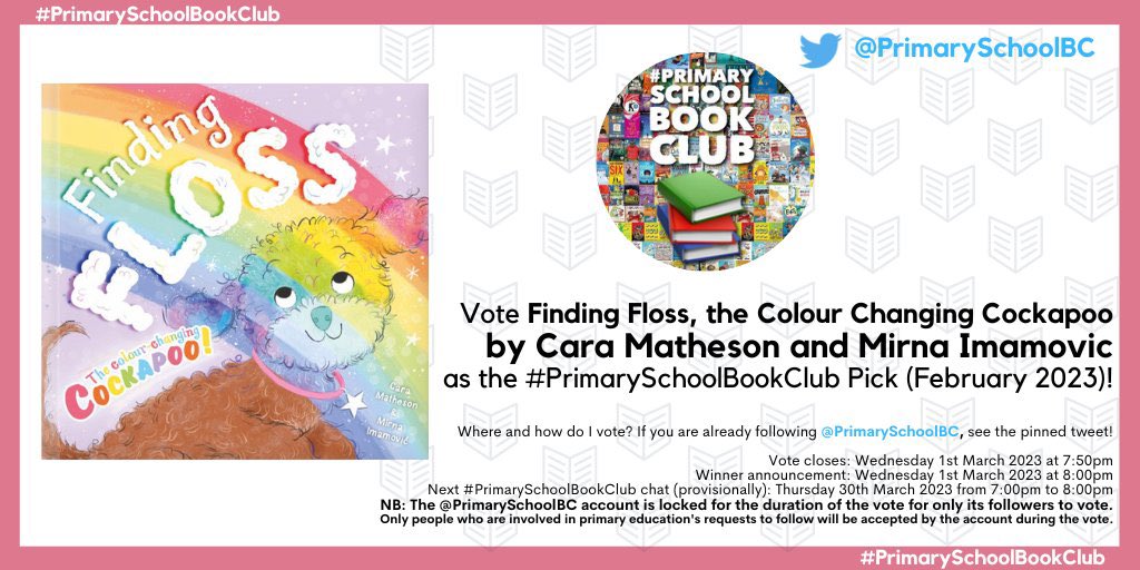 Flossy high-fives all round! Yes, we are super excited that Finding Floss has been included in the #PrimarySchoolBookClub February 2023 vote this evening. Head to 
@PrimarySchoolBC
 and vote for it using the pinned tweet!