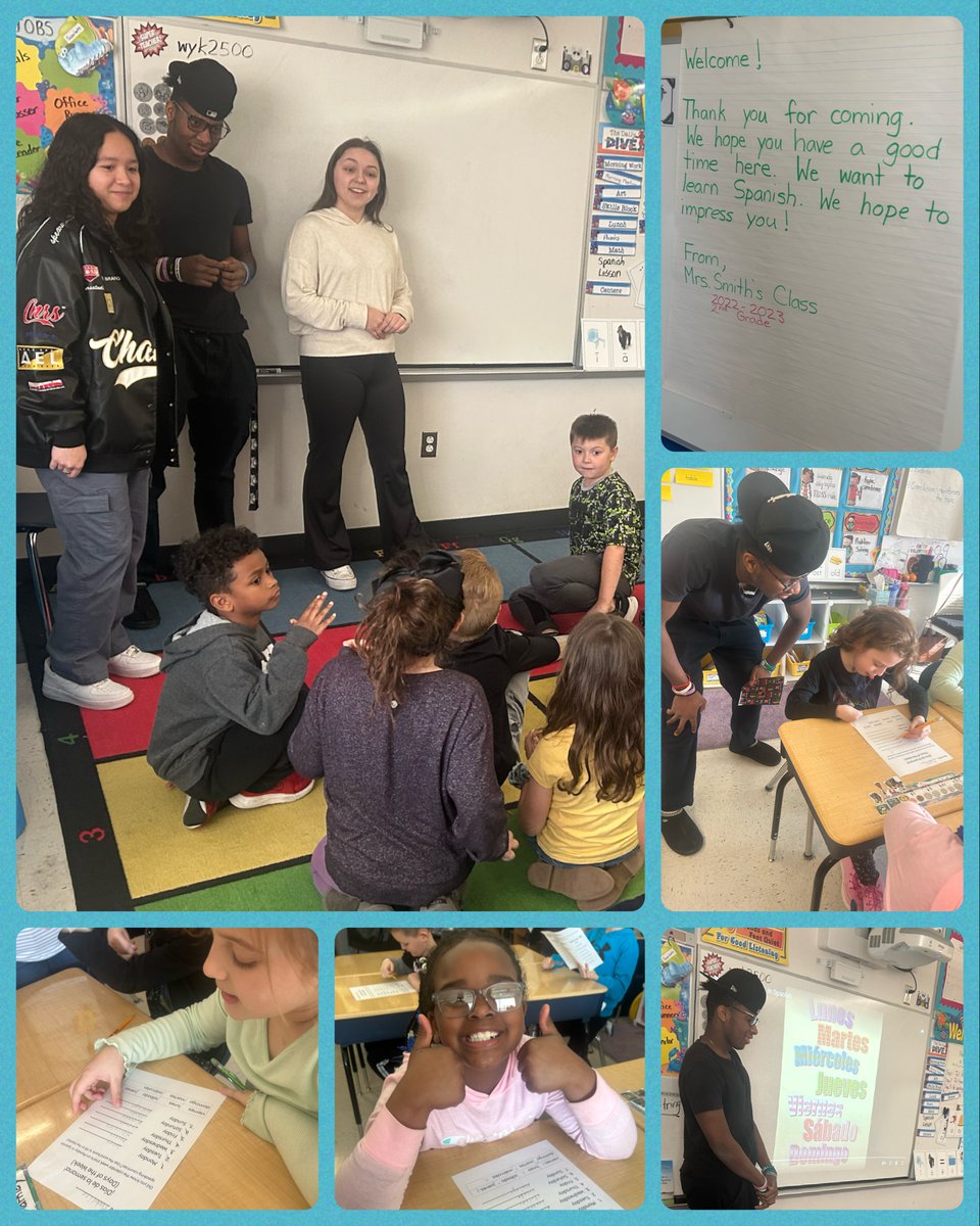 BristolTwpSD's tweet photo. Truman juniors and seniors from @crlamplugh Honors Spanish class visited Brookwood to teach Mrs. Smith's 2nd grade class a beginner’s Spanish lesson!

They taught ¡Días de la semana! or the days of the week, which can be practiced during daily morning meetings. #btsdtigers https://t.co/OmoKtmR7gd