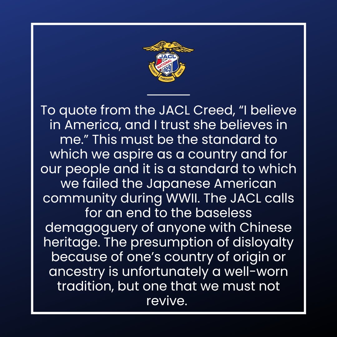 No one should have their loyalty questioned because of their ethnicity or nationality, accusations the Japanese American community knows all too well. JACL denounces growing anti-Chinese rhetoric and political actions. Read our full statement here: jacl.org/statements/jac…