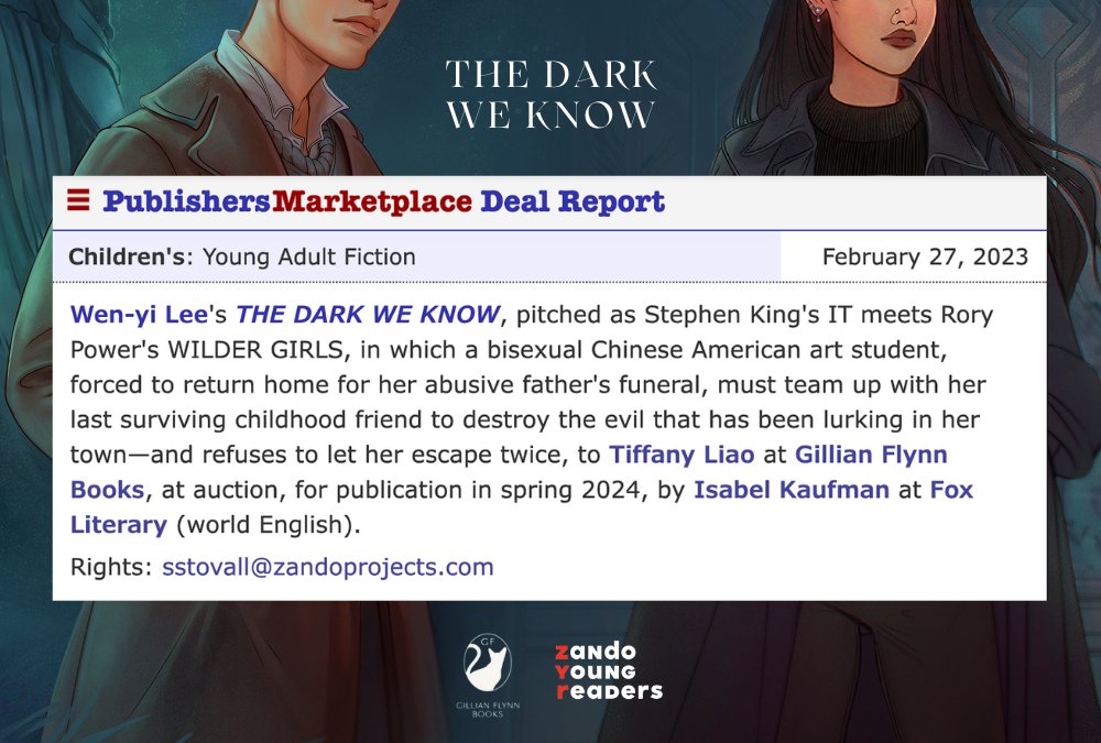 my book is being published!!! as @thegillianflynn's first YA!!  

THE DARK WE KNOW is a (spooky, queer) Pied Piper x Spring Awakening letter to runaways, grief &amp; silence, memory &amp; art, childhood friends touching foreheads &amp; saving each other. I can't wait for you to read in 2024.