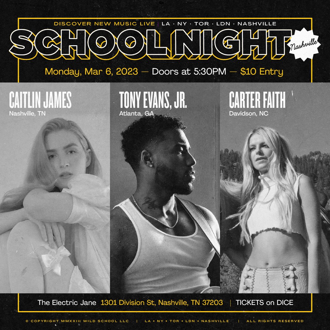 We’re excited to bring School Night to the Music City! Nashville, see you at The Electric Jane this upcoming Monday, March 6th for live performances by Caitlin James, <a href="/carterxfaith/">Carter Faith</a>, and <a href="/itsTonyEvansJr/">Tony Evans Jr.</a>. Plus DJ sets by our founder <a href="/chrisdouridas/">chris douridas</a>.  link.dice.fm/tab8a5297d7f