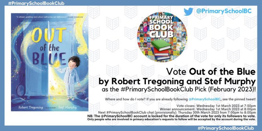 Stef Murphy (@stefmurphyart) on Twitter photo ⭐️Vote for Out of the Blue!⭐️
<a href="/bobtregoning/">Robert Tregoning 🌈</a> and I are so excited to have been included in the Primary School Book Club Pick vote! You can vote for Out of the Blue by heading to <a href="/PrimarySchoolBC/">#PrimarySchoolBookClub</a> and clicking on the link in their pinned tweet!
🥰 ⭐️Vote for Out of the Blue!⭐️
<a href="/bobtregoning/">Robert Tregoning 🌈</a> and I are so excited to have been included in the Primary School Book Club Pick vote! You can vote for Out of the Blue by heading to <a href="/PrimarySchoolBC/">#PrimarySchoolBookClub</a> and clicking on the link in their pinned tweet!
🥰