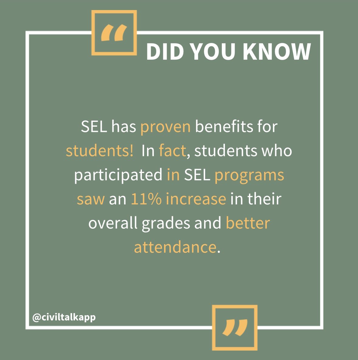 CivilTalkapp's tweet photo. It’s true!! On a more individual level, the skills learned within an SEL program have been shown to help students better cope with emotional stress, solve problems, and avoid peer pressure to engage in harmful activities. Download CivilTalk today, to be a part of the SEL movement https://t.co/o492f21cHb