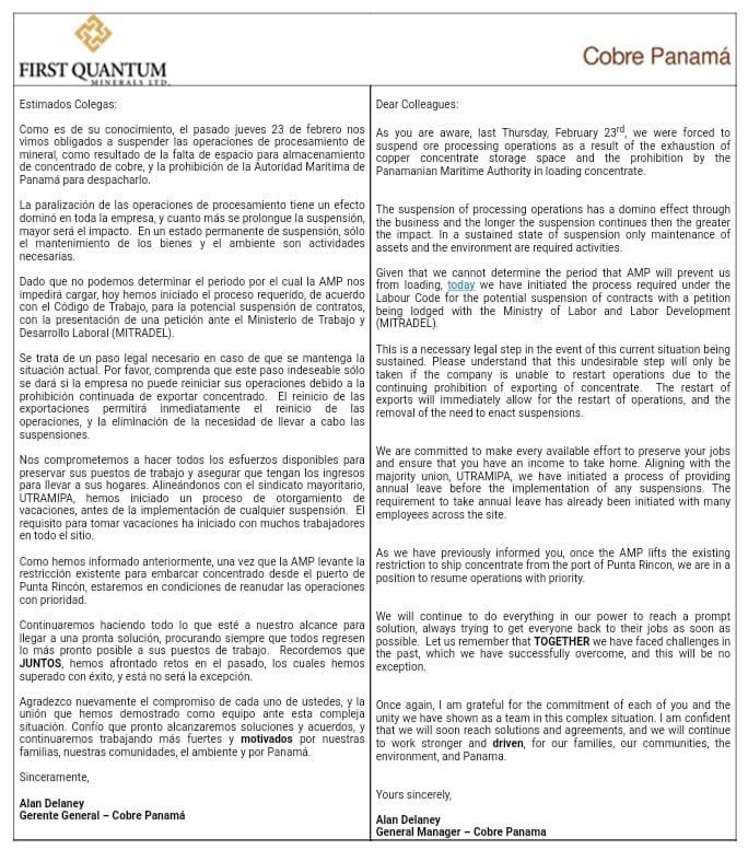 #LOULTIMO Situación a lo interno de Minera  First Quantum-Cobre Panamá, se torna delicada! Documento revela gravedad tras posición de la AMP de no permitir el desarrollo normal de las labores, que podría termibar con un aumento en el índice de desempleo <a href="/MitradelPma/">Ministerio de Trabajo y Desarrollo Laboral</a> <a href="/MICIPMA/">Ministerio de Comercio e Industrias de Panamá</a>