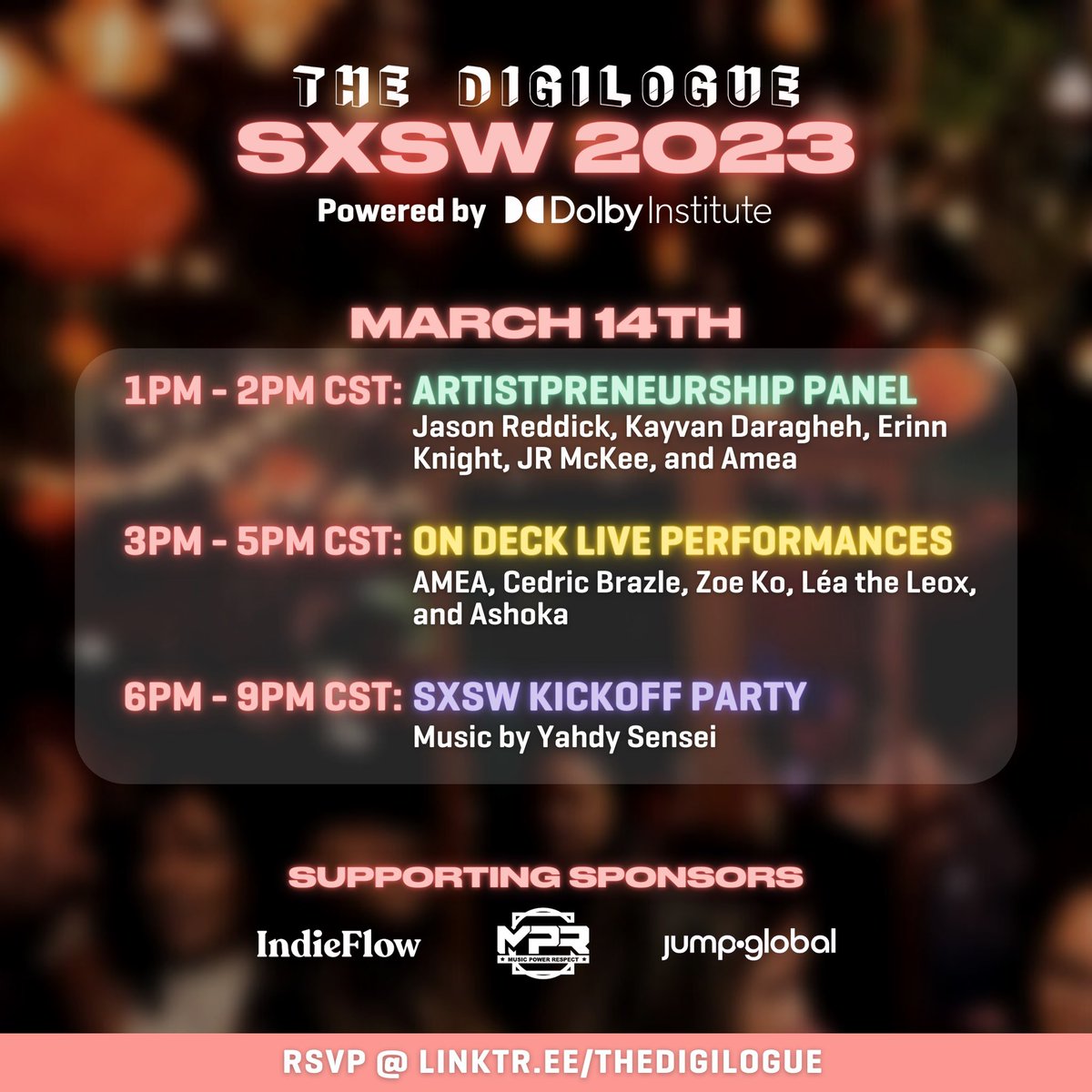 DIGIFAM! We’re hype to announce that we’re collaborating with <a href="/Dolby/">Dolby</a> for SXSW’23 for a full day of programming on MARCH 14TH!  Supported by our friends at <a href="/IndieFlow_me/">IndieFlow</a>, <a href="/MprGlobalinc/">MPR</a>, and Jump.Global 🏆