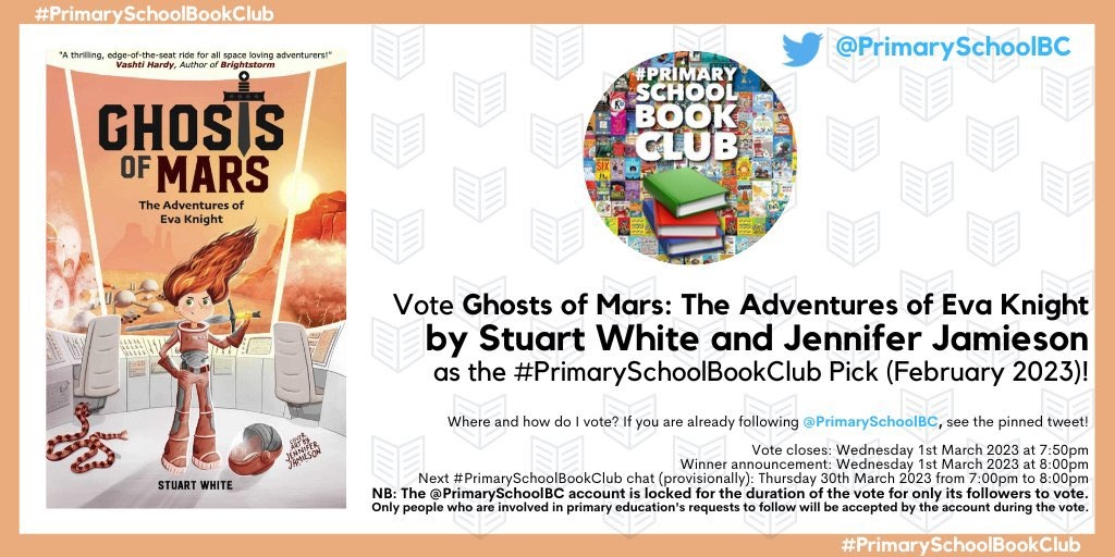 writementor's tweet photo. BIG NEWS 🎉 We're so excited that Ghosts of Mars, written by WriteMentor Founder @StuartWhiteWM &amp; illustrated by @Jen_Jamieson_, has been included in the #PrimarySchoolBookClub February 2023 vote this evening. Head to @PrimarySchoolBC &amp; vote for it using the pinned tweet! https://t.co/GdM6yuMESY