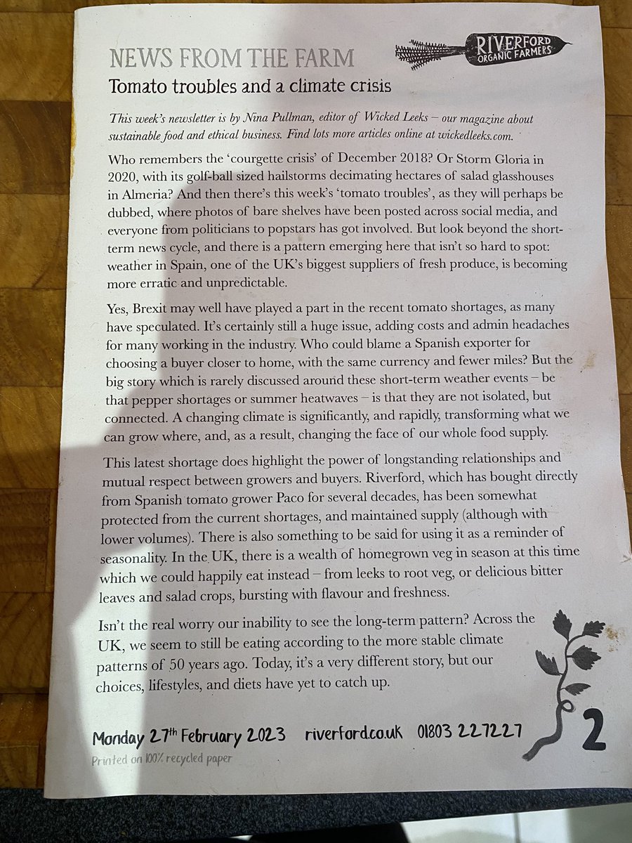 A real balanced view of #tomatotroubles and UK veg shortages in this weeks <a href="/Riverford/">Riverford</a> veg box news by <a href="/nina_pullman/">Nina Pullman</a> <a href="/wickedleeksmag/">Wicked Leeks</a> - it’s all connected with a changing climate across Europe