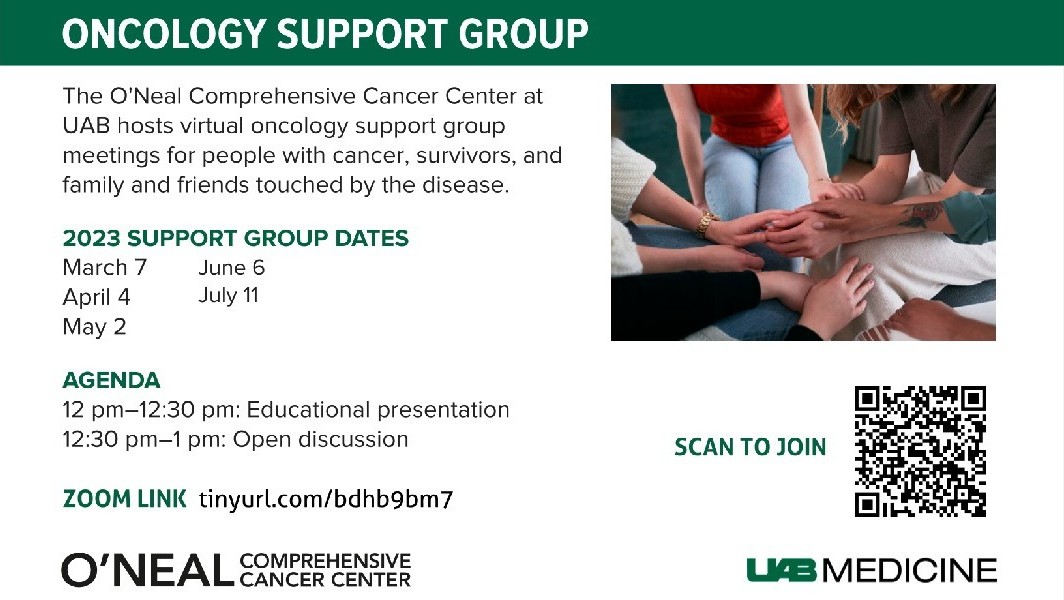 uabmedicine's tweet photo. .@ONealCancerUAB will be hosting virtual #oncology support group meetings via zoom for those with cancer, cancer survivors, and family and friends touched by the disease, beginning March 7. 
Zoom link: https://t.co/IR6R46BLpA https://t.co/rsrULMeFXB
