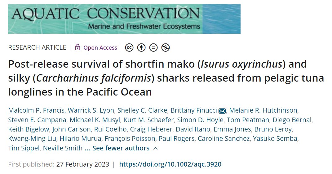 Very happy (and relieved!) to finally see this #sharkscience publication out: Post-release survival estimates for Pacific mako and silky #shark

onlinelibrary.wiley.com/doi/10.1002/aq…