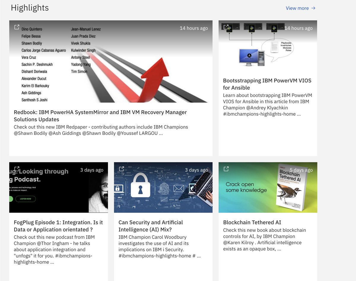 Do you know what #IBMChampion stars DO? Each day, we update the Highlights reel at the IBM Champions community page. Today's offerings include 2 books, 2 articles, a podcast, and multiple events across #IBM products. Check it out at ibm.co/3xZAtxn