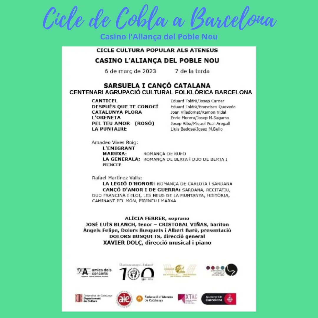 ACFBarcelona's tweet photo. NOUS CONCERTS!  
Aquest vespre us presentem dues noves propostes de concerts al @teatre_casinoalianca .
La primera el pròxim dilluns dia 6, dins els actes del Centenari, gaudireu de la Sarsuela i Cançó Catalana. Mireu el programa i veureu que no el podeu perdre. https://t.co/DJSS7ABoID