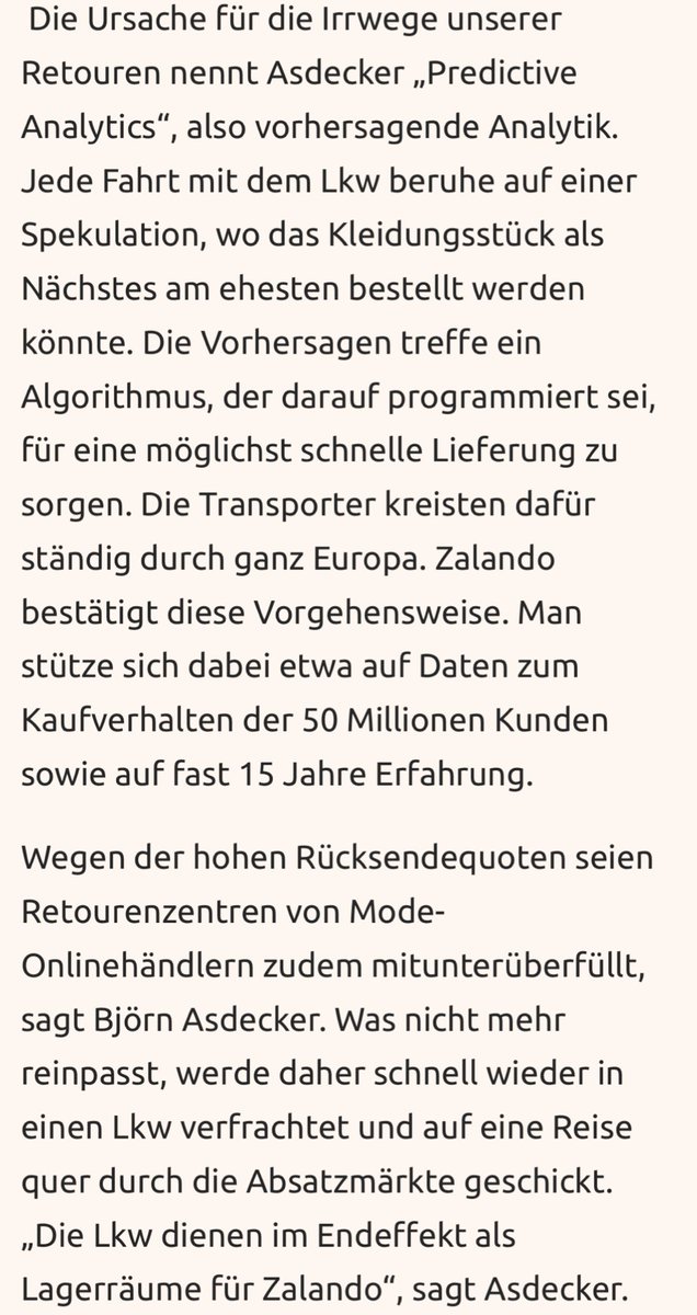 Felix Rohrbeck (@felixrohrbeck) on Twitter photo Ist das nicht irre, was Zalando da mit seinen Retouren treibt?
Ein Babystrampler reist von 🇩🇪nach 🇵🇱 nach 🇸🇪 nach 🇩🇰 nach 🇩🇪 nach 🇵🇱 und wieder nach 🇸🇪: 7000 km.
Der Grund: Ein Algorithmus lässt die LKWs ständig durch Europa kreisen.
Recherche von <a href="/MaiwaldCarmen/">Carmen Maiwald</a> & <a href="/VMaterla/">Vanessa Materla</a> Ist das nicht irre, was Zalando da mit seinen Retouren treibt?
Ein Babystrampler reist von 🇩🇪nach 🇵🇱 nach 🇸🇪 nach 🇩🇰 nach 🇩🇪 nach 🇵🇱 und wieder nach 🇸🇪: 7000 km.
Der Grund: Ein Algorithmus lässt die LKWs ständig durch Europa kreisen.
Recherche von <a href="/MaiwaldCarmen/">Carmen Maiwald</a> & <a href="/VMaterla/">Vanessa Materla</a>