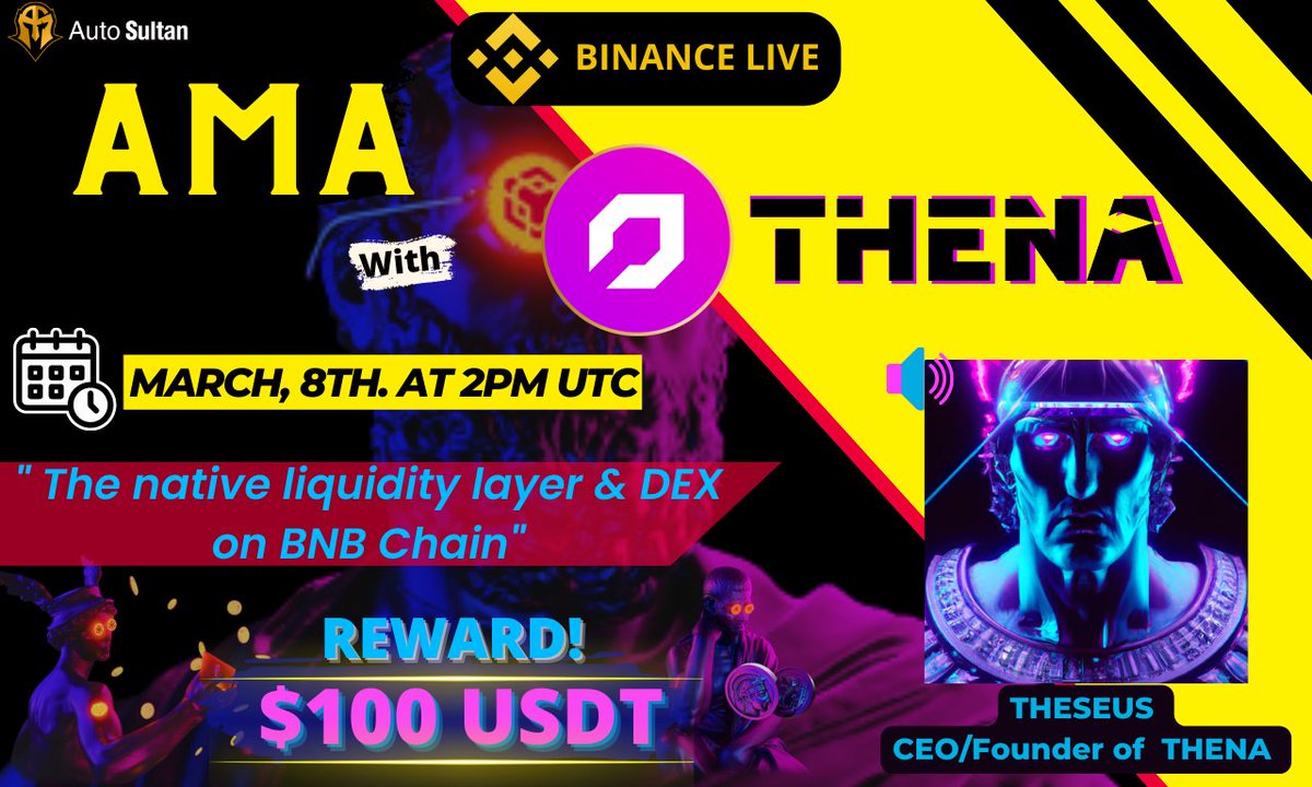 🔥We Present The Next #AMABinanceLive with <a href="/ThenaFi_/">THENA</a>

🎁 REWARDS $100 USDT
📆 March, 8th 2023
⏰ At 2PM UTC
🏨 binance.com/en/live/video?…

📌RULES
Follow <a href="/ThenaFi_/">THENA</a> 
Join TG t.me/Thena_Fi

LIKE RT &amp; Comment Your Q (3Q MAX) Tag 3 FRIENDS ‼️

#THENA #NFTB #BSCgems #DeFi $THE
