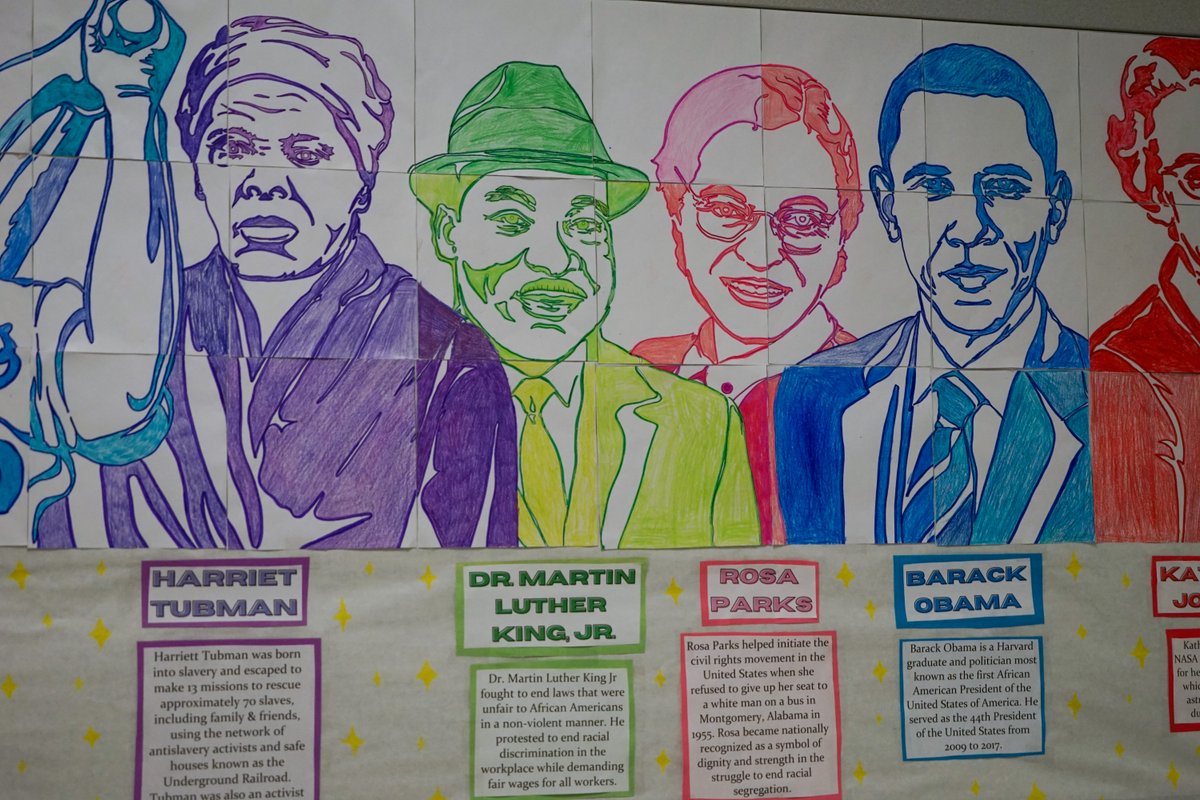 FrenshipISD's tweet photo. As we wrap up #BlackHistoryMonth, check out this incredible mural by @WestwindFISD K – 5 grade students spent 3 weeks learning about each historical figure. Then, 4-5 grade students each colored a piece. The blocks formed a beautiful 13-ft tribute that now lines the hallway. https://t.co/3yhOnnTR8l