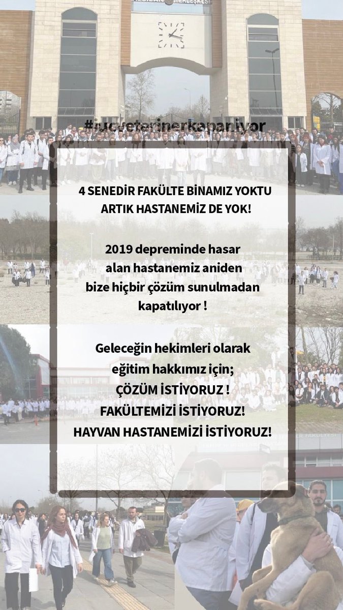 📢İÜ Cerrahpaşa öğrencileri: "4 senedir fakülte binamız yoktu artık hastanemiz de yok"

İÜC'nin 2019 depreminde hasar aldığı için kapatılan ve tekrar yapılmayan fakülteleriyle beraber hayvan hastanesi de kapatıldı, öğrenciler fakülte ve hastanelerini istiyor.
#iucvetkapatılıyor
