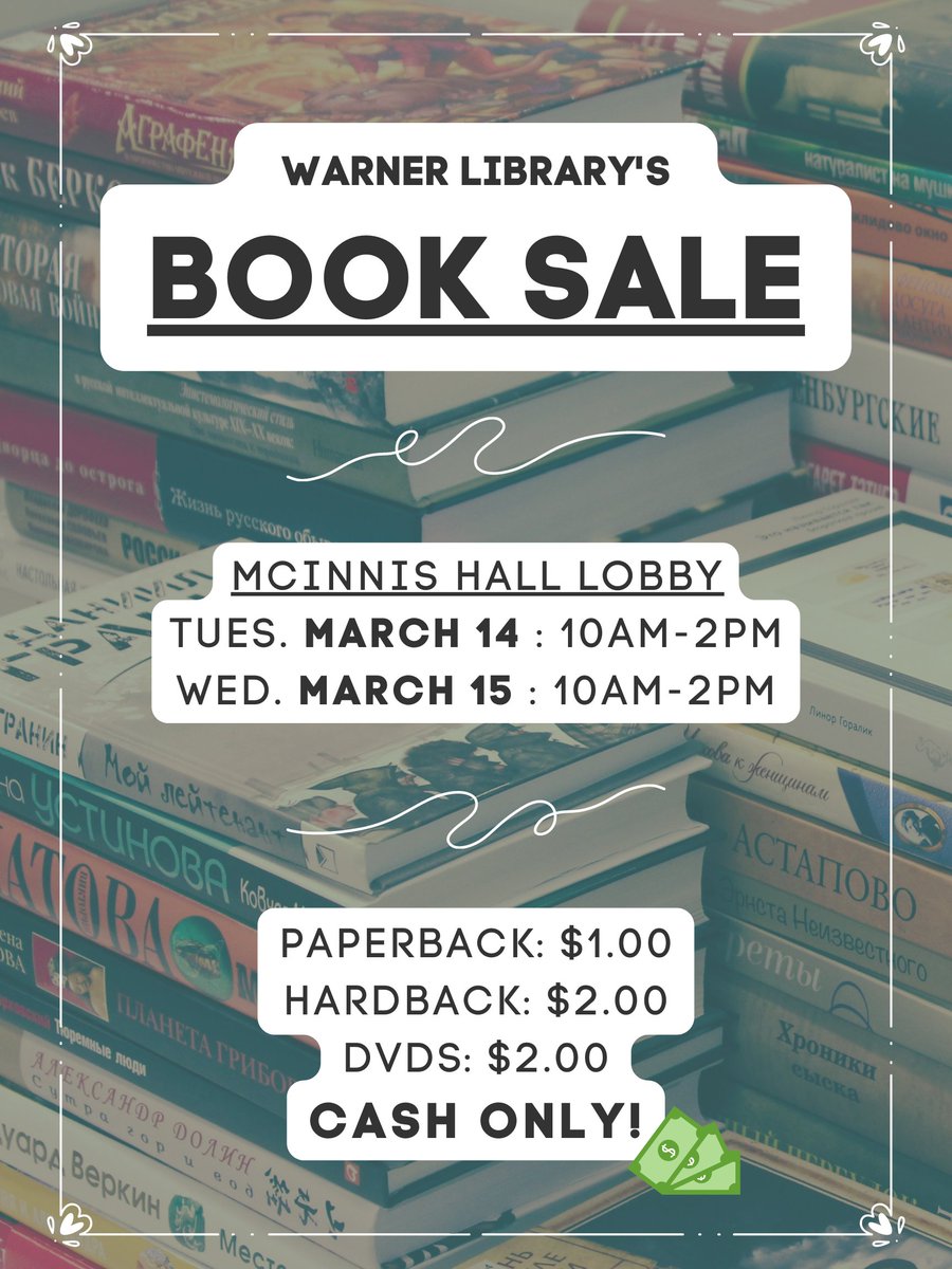 WarnerLib's tweet image. Get ready - Warner Library is having another MASSIVE book sale in two weeks! Stop by our set up in McInnis Hall and browse hundreds of books and DVDs for only $1 or $2! We hope to see you there! 📚 #warnerlibrary #easternuniversity