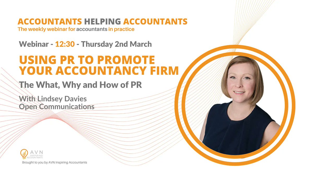 AVN The Accountants' Network (@avninspiringacc) on Twitter photo If you've ever thought PR was just for big brands, this week's webinar will make you think again. Join Lindsey Davies of <a href="/OpenComms_LD/">Lindsey Davies</a> to find out how accountancy firms like yours are making it work for them - register at buff.ly/3MQK4N4 If you've ever thought PR was just for big brands, this week's webinar will make you think again. Join Lindsey Davies of <a href="/OpenComms_LD/">Lindsey Davies</a> to find out how accountancy firms like yours are making it work for them - register at buff.ly/3MQK4N4
